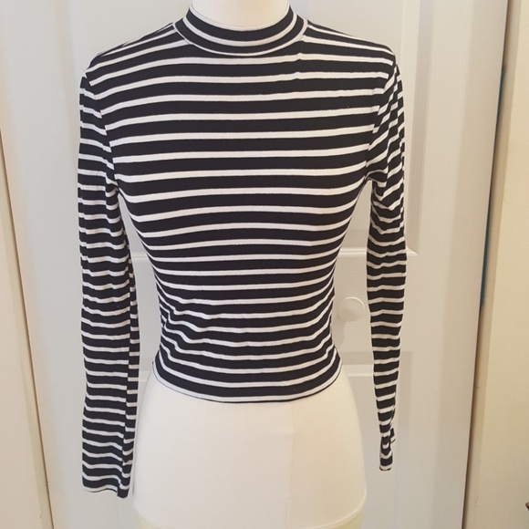 black and white striped mock neck top